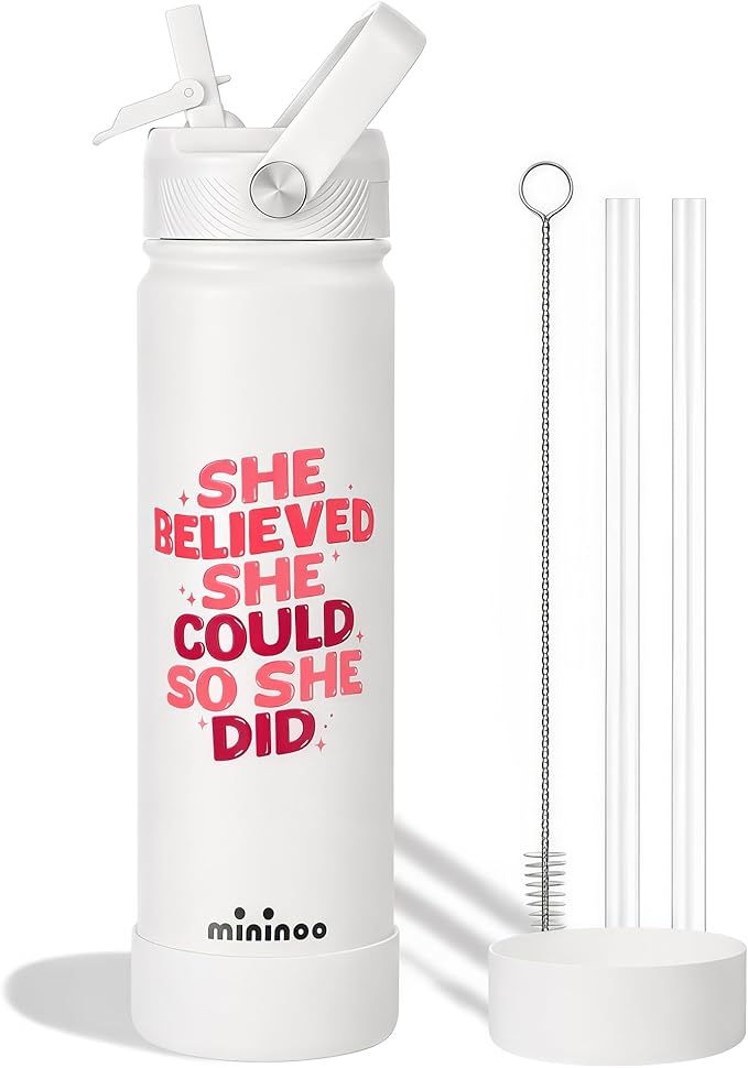 mininoo 2026 Graduation Gifts, 24 oz Insulated Stainless Steel Water Bottle Straw Lid, She Believed She Could So She Did, Cup Holder Friendly Bottle for Women Girls