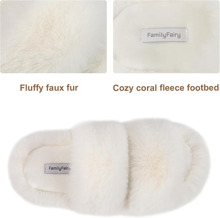 FamilyFairy Women's Fluffy Faux Fur Slippers Comfy Open Toe Two Band Slides with Fleece Lining and Rubber Sole