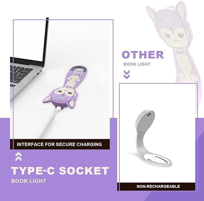 Rechargeable Kids Book Light, Cute Bookmark Reading Light for Kids, Dimmable Portable LED Book Light for Reading in Bed, Eye-Caring Bedtime Reading Lamp for Children & Travel, Purple