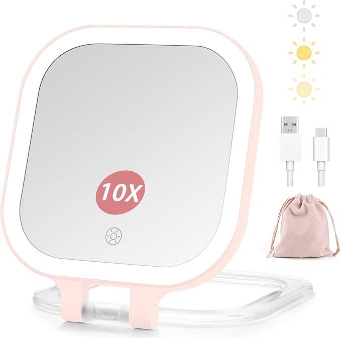 DESCHEN Rechargeable Travel Makeup Vanity Mirror with Lights and Magnification, 7" Portable 1X/10X Magnifying Mirror with 3 Color Light, Lighted Makeup Mirror with Magnification, Folding LED - Pink