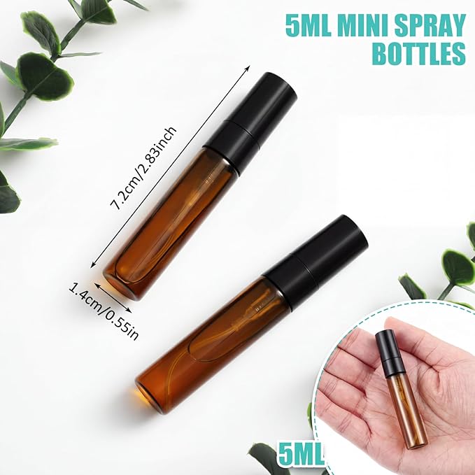 Zhehao 1 Pcs Mini Spray Bottles 5 ml Clear Glass Perfume Bottles Refillable Fine Mist Perfume Atomizer Portable Empty Sample Containers for Cleaning, Essential Oils, Travel (Amber)