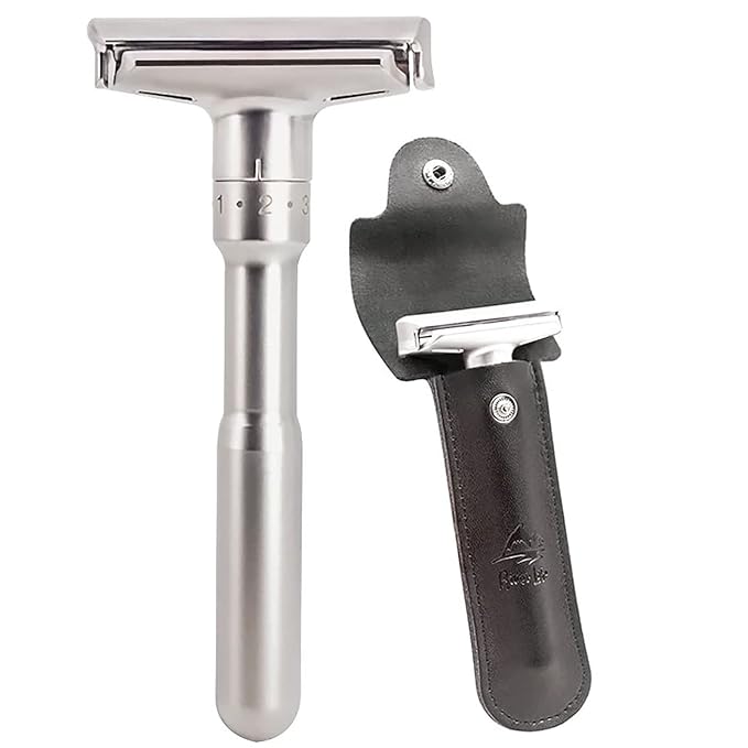 Travel Double Edge Safety Razor, River Lake RZ700 Long Handle Adjustable Classic Safety Shaver Razor (Razor with Protective Case,Black)