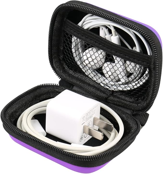Earbud Case, RISETECH Earphone Case Holder Hard EVA Headphone Small Zipper Pouch Compatible with Wireless in-Ear Headset, SD Cards, USB Charger Cable, AirPods, Sony Wired Earbuds with Keychain -Purple