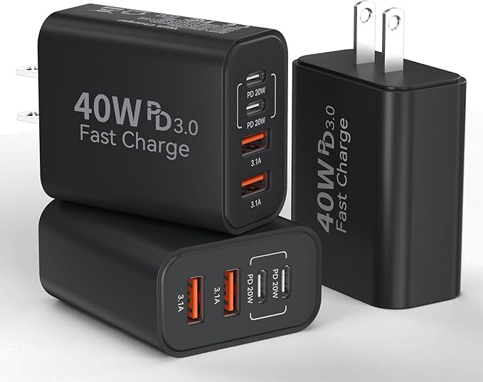 USB C Wall Fast Charger Block, 40W 4-Port Type C Chargers Fast Charging Blocks PD Power Charger Adapter+QC 3.0 USB Multiport Charger Brick for Phone 17/16/15/14/13/12 Pro Max, i-Pad, Galaxy S25-3Pack