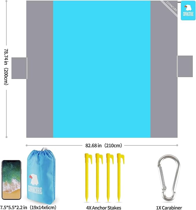covacure Beach Blanket Waterproof Sandproof 79”X 83"- Large Beach Blanket Sandproof Fits for 4 Adults, Waterproof Beach Mat with 3 Zipper Pocket, Outdoor Beach Mat for Travel, Camping, Hiking