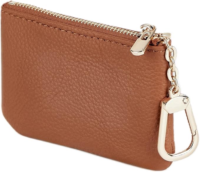 Full Grain Leather Coin Purse with Key Chain - Small Change Purse Keychain Card Holder Keychain Pouch Small Keychain Wallet for Women and Men (Brown)