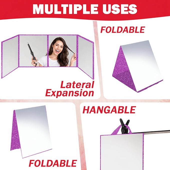 Foldable Full Length Mirror, 2 in 1 Hangable & Tabletop Acrylic Mirror, Portable Travel Mirror with Handle for Dance Bedroom Wardrobe Stage Makeup Checks Camping Outdoor Use (47" x 12.5", Tri-Fold)
