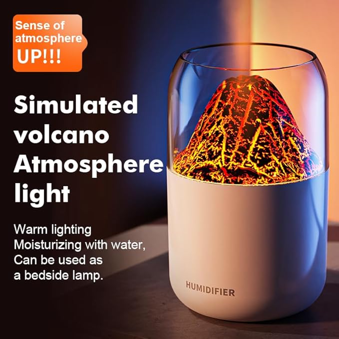 Portable Mini Volcano Humidifier, 300ml Small Cool Mist Humidifier, USB Personal Desktop Humidifier for Baby Bedroom Travel Office Home, Auto Shut-Off, 2 Mist Modes, Super Quiet-white