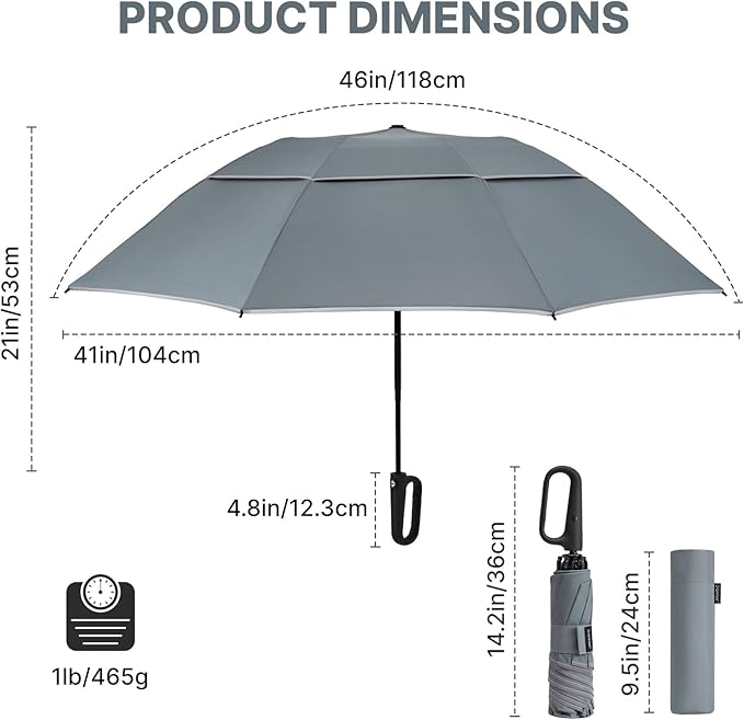 G4Free 46inch Ring Buckle Umbrella, Inverted Design with Carabiner Handle, Compact Travel Umbrella with Reflective Strip, Automatic Windproof for Rain