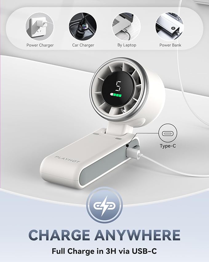 PlayHot Portable Handheld Turbo Fan, 5 Gear Wind, USB-C Rechargeable Fan, Up to 12 Working Hours, 3 IN 1 Hand Fans with Air Turbo Tech Cooling Fan for Outdoor Activities, Travel, Beach (White)