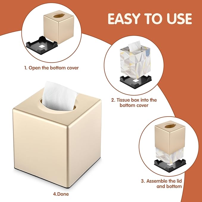 Y-in Hand Tissue Box Cover, Decorative Square Facial Storage Tissue Box Holder, Home Accessories for Bathroom Vanity Countertops, Dressers, Night Stand, Parlors and Office (Champagne Gold)