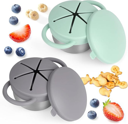 Daximo 2 Pack Snack Cups for Toddlers Spill Proof - Detachable Stainless Steel Toddler Snack Cups with Silicone Lids & Handles - Dishwasher Safe Snack Container(Matte Gray and Mint Green)