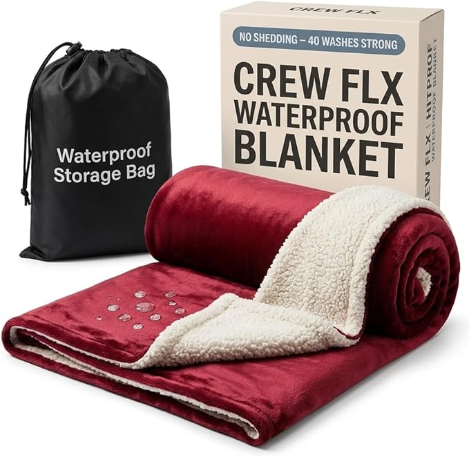 Waterproof Blanket for Bed (80"x60" Queen Size) – Reversible Plush Fleece, Moisture Absorbent TPU Layer, Stain Proof Mattress & Couch Protector – Machine Washable - Burgundy