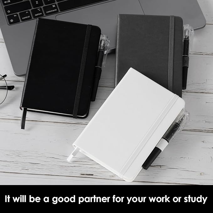 NIRMIRO Small Notebook Pocket Size Journal 3.7" x 5.7", 3 Pack, (White, Grey, Black), 408 Pages, A6 Mini Notepad with Pen, Small Leather Note Book, 100GSM Lined paper, Hardcover