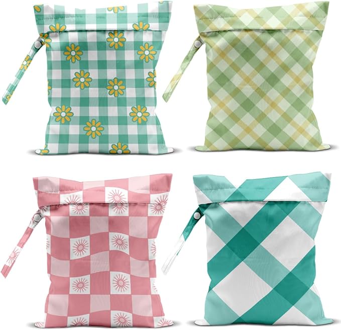 Wet Bag, 4Pcs Wet Dry Bag Set, Reusable Waterproof Bags with Retro Plaid Prints for Women, Great for Beach Getaways, Pool Visits & Travel Needs