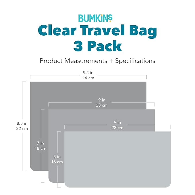Bumkins Travel Bag, Toiletry, Baby, TSA Approved Pouch, Zip Bag, Quart Size Compliant, Clear-Sided, Diaper Bag Organization, Makeup, Accessories, Set of 3