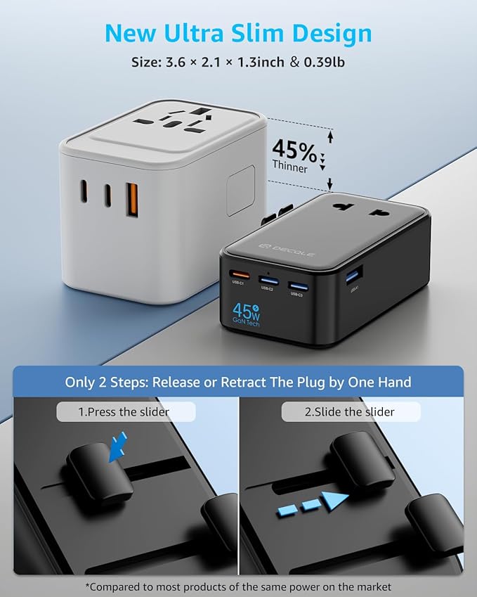 “Air” Universal Travel Adapter, Slim International Travel Plug Adapter with 3 USB-C(GaN 45W) ＆ 1 USB-A Ports, All in One Portable Adaptor, for USA, UK, EU, AU ＆ 224+ Countries (Black) US