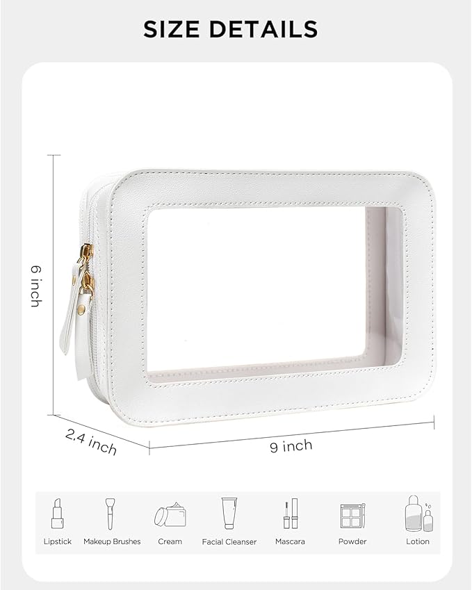 LETGO Clear Sunscreen Makeup Bags Pouch, TSA Approved Toiletry Bag with Zipper, Portable Make Up Organizer Traveling Compact Car Bag for Beach Essentials(Clear-White)