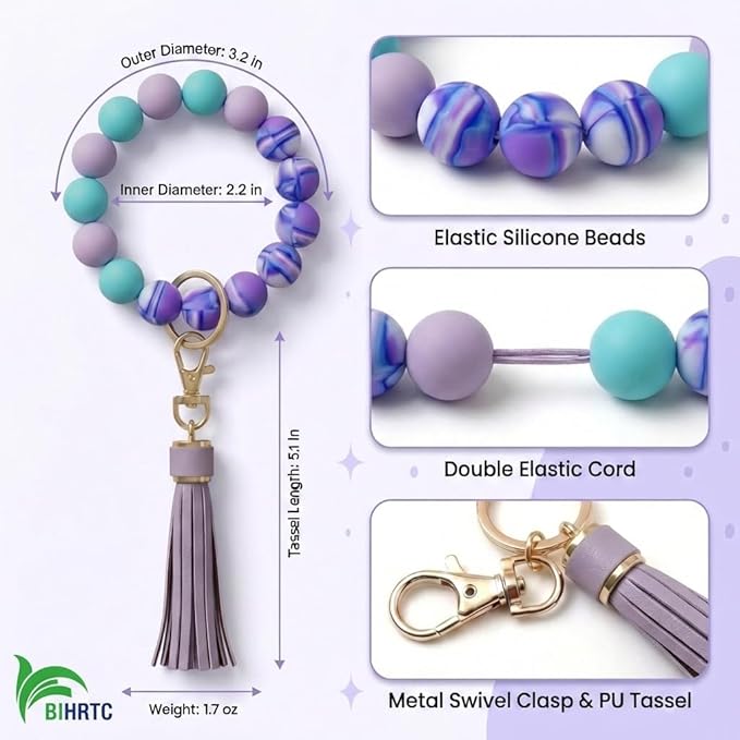 BIHRTC Key Ring Bracelet Car Keychain Holder Wristlet Silicone Women Beaded Bangle Chains