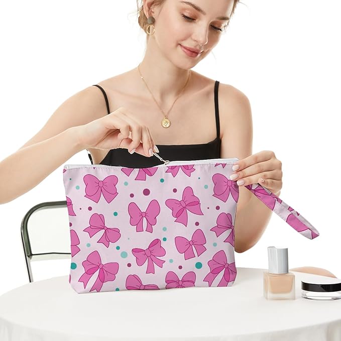 Fokongna Cute Print Wet Bag, Small Portable Waterproof Multi-Functional Organizer for Women, Pink Bow Polka Dot, Ideal for Daily, Beach & Travel