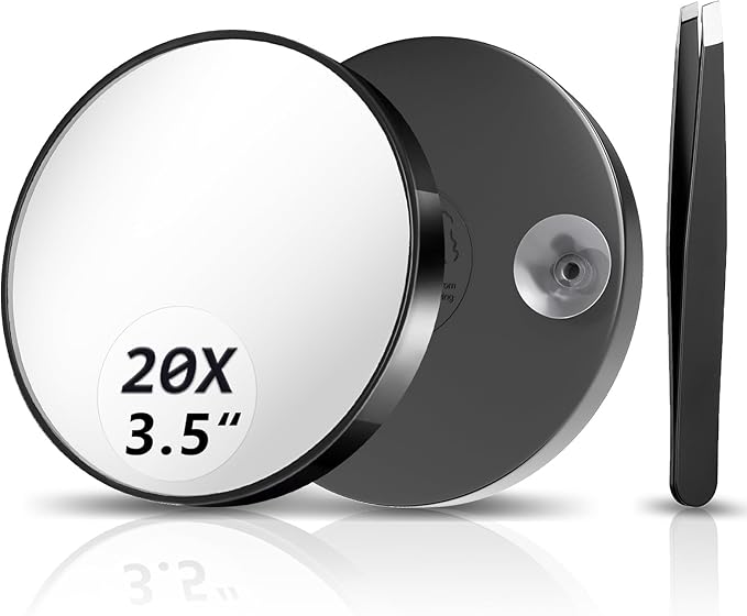 20X Magnifying Mirror, Magnified Mirrors 3.5" with Two Suction Cups and Tweezers, Travel Magnifyied Mirror Set Comes with Portable Storage Bag, Small Magnifying Mirrors for Travel(Black)