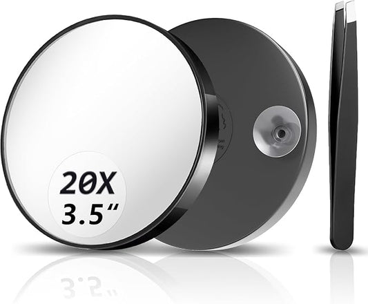 20X Magnifying Mirror, Magnified Mirrors 3.5" with Two Suction Cups and Tweezers, Travel Magnifyied Mirror Set Comes with Portable Storage Bag, Small Magnifying Mirrors for Travel(Black)