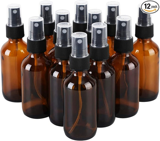 12 Pack Amber Glass Spray Bottles, 2oz/60ml Empty Glass Spray Bottles with Fine Mist, Small Leak Proof Travel Dispenser Bottles for Essential Oils, Bath, Beauty, Hair & Cleaning