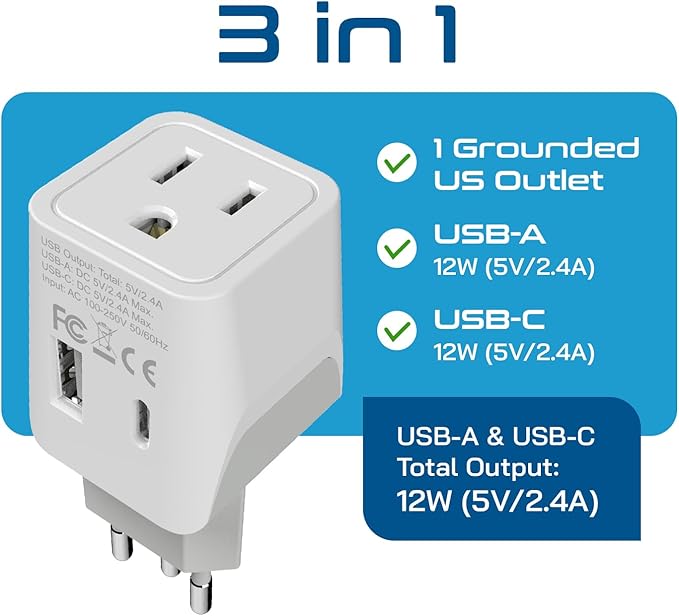 Ceptics Brazil Travel Plug Set - with USB-A + USB-C + USA Socket Input - Type C and Type N- Ultra Compact - Safe Grounded Perfect for Cell Phones, Laptops, Camera Chargers