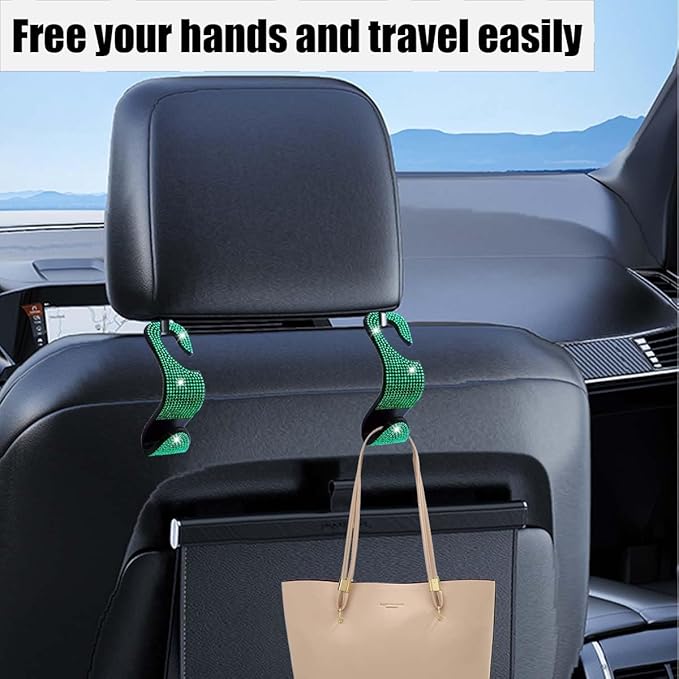 LAINLOY 4PCS Bling Car Headrest Hook, Crystal Rhinestone Back Seat Purse Holder, Car Seat Hanger Storage for Bag, Grocery, Handbag, Universal Interior Accessories for SUV Car Truck (Green)