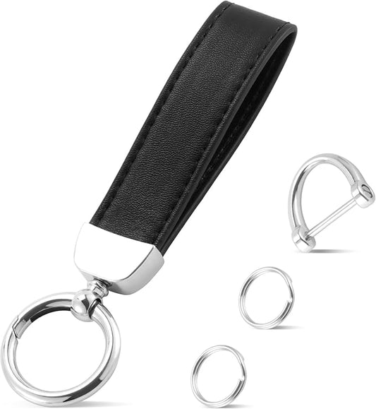 JUSTTOP Leather Keychain, Car Key Chain with Anti-Lost D-Ring and 2 Key Ring, Keychain Wristlet, Car Accessories, Universal Keychain for Men and Women (Black)