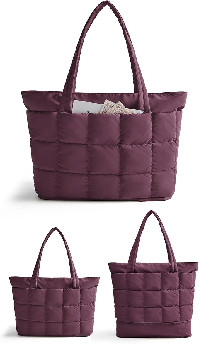 BAGSMART Expandable Tote Bag for Women, Puffer Work Tote Handbag, Quilted Carry On Bag for Travel Gym