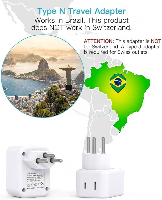 HANYCONY Brazil Power Adapter, Type N Plug Adapter with 2 Outlets 3 USB Ports (2 USB C), Travel Adapter for US to Brazil Brazilian Brasil