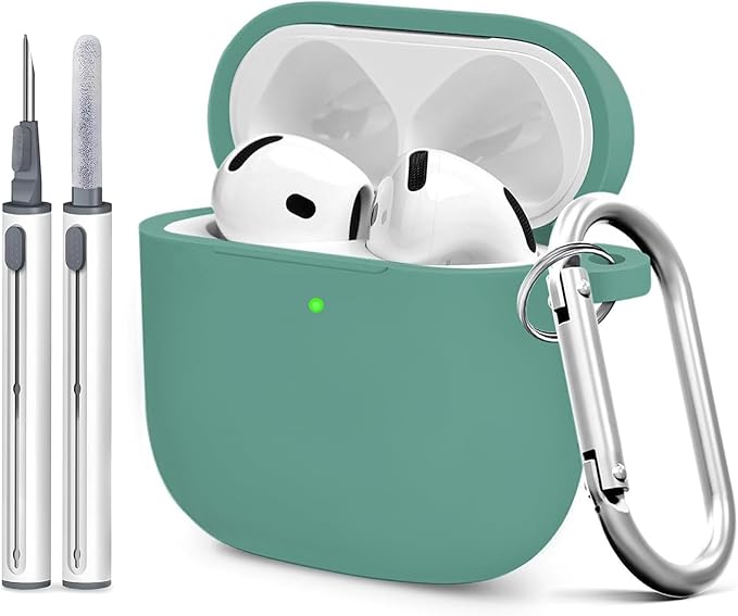 for AirPods 4th Case Cover, Soft Silicone Case with Cleaner Kit, Keychain, Full Protection for Men and Women, Compatible with AirPods 4th Generation (Pine Green)