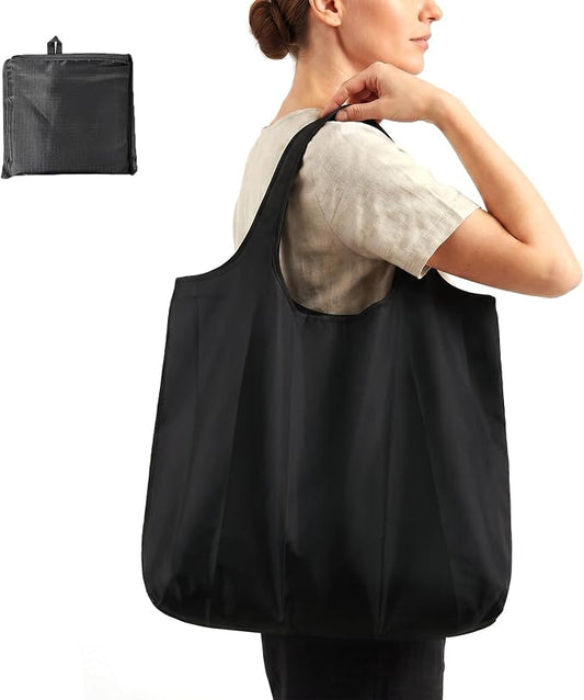 1|2 Pack Large Foldable Shopping Bag, Reusable Grocery Bag, Used for Shopping. Reusable Handbag Weighing Up to 50 Pounds, Nylon Tote Bag, Washable,Waterproof(1 Pack & Black)