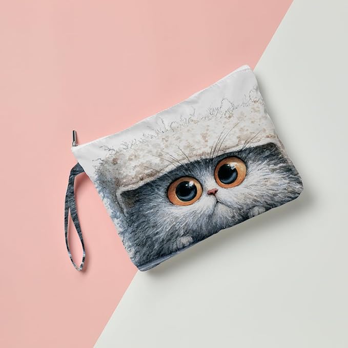 Fokongna Cute Print Wet Bag, Small Portable Waterproof Multi-Functional Organizer for Women, White Fluff Grey Eyed Cat, Ideal for Daily, Beach & Travel