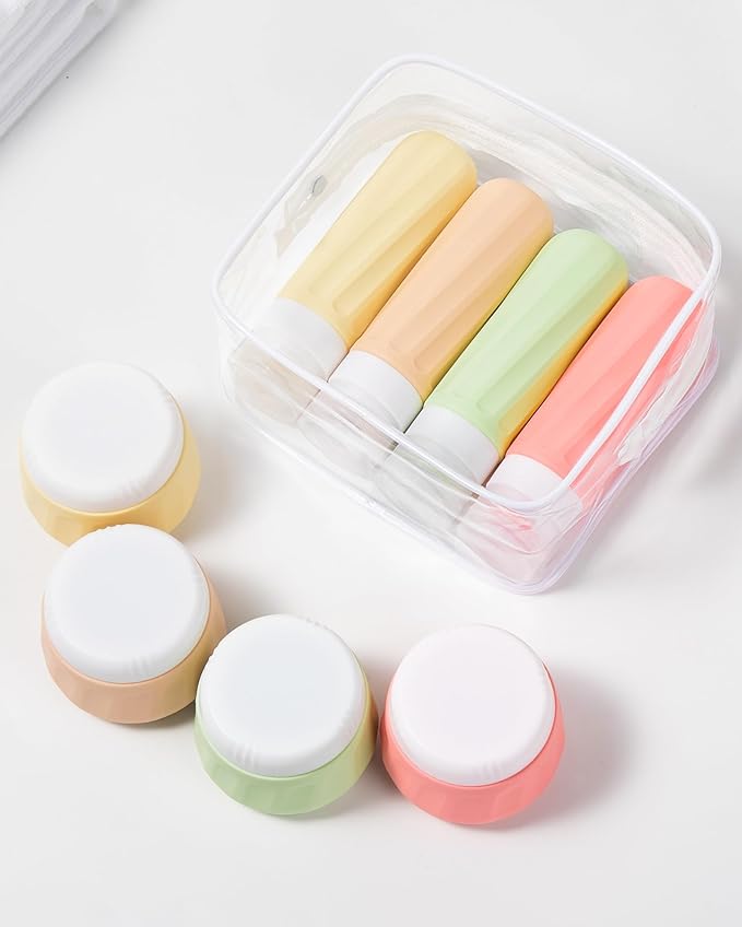 Mrsdry Travel Size Toiletries 8 Pack, TSA Approved 3oz Silicone Squeeze Bottles & Cream Jars with Clear Travel Bag