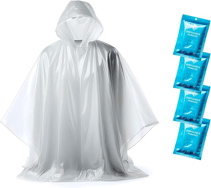 ZENO Disposable Rain Ponchos for Adults - Clear with Hood, Compact Emergency Ponchos for Hiking, Camping, Travel