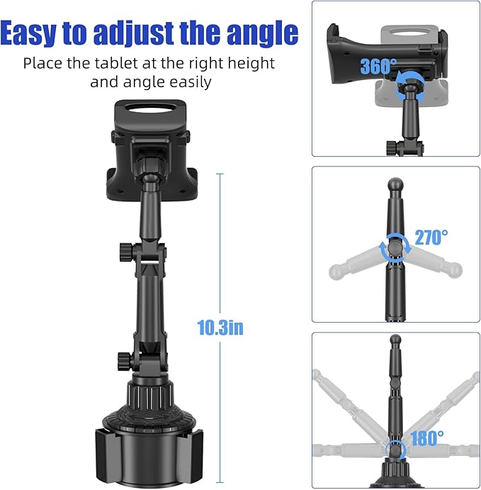 Ipad Holder for Car, Cup Phone Holder, Universal 360° Rotation Adjustable Long Arm, for 4"-13" Cell Phone iPhone iPad, Travel Accessories