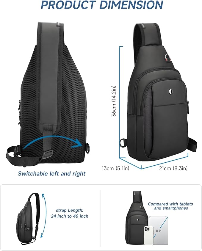 Sling Bag for Men, Anti Theft Crossbody Bag with Lockable Zipper, Water Resistant Chest Bag Fits 11” iPad & Switch 2, Lightweight Sling Backpack for Travel, Work & Commuting