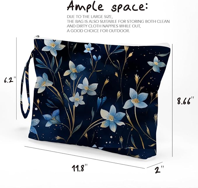 Fokongna Floral Print Wet Bag, Small Portable Waterproof Multi-Functional Organizer for Women, Ideal for Daily, Beach & Travel, Midnight Blue Starry Bluebell