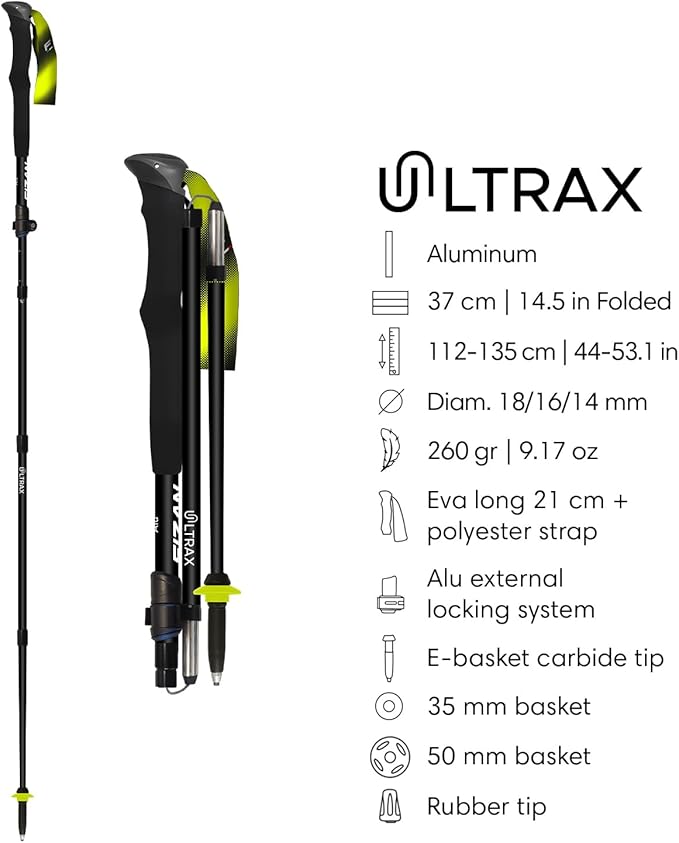 Fizan Ultrax Trekking Poles – Ultralight, Backpacking, Bikepacking, Hiking Trails, Collapsible to 14.5 in, Aluminum or Carbon Fiber