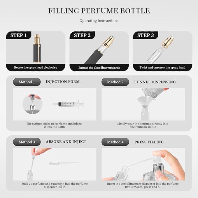 Atomizer Perfume Spray Bottle Refillable - 5ml Glass Inner Bottle with Premium Leather Case, Portable Travel Sprayer for Fragrance Lovers (Black-Grey)