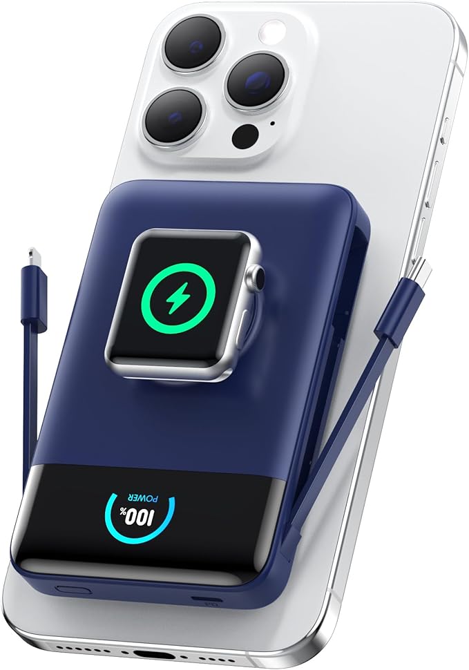 Ekrist Magnetic Portable Charger for MagSafe with Built-in Cable,iWatch Charger,Wireless Power Bank Travel Essentials,25W Fast Charging Battery Pack for iPhone 17/16/15,Apple Watch(Blue,10800mAh)