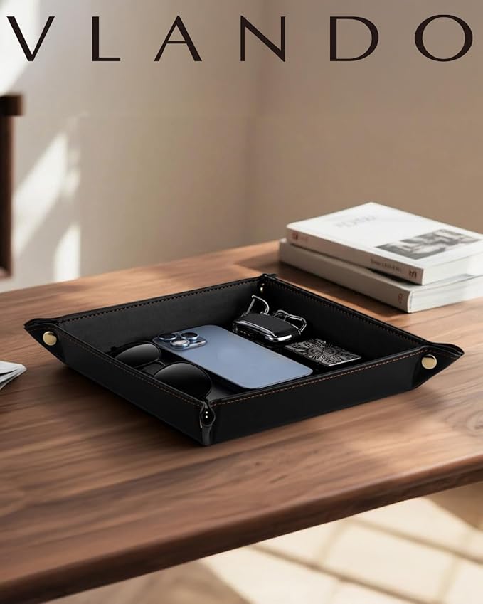 VLANDO Valet Tray Organizer, PU Leather Catchall Tray for Men | Classic valet tray for men with space for keys, wallet, watch, phone, coins and EDC accessories on desk or dresser