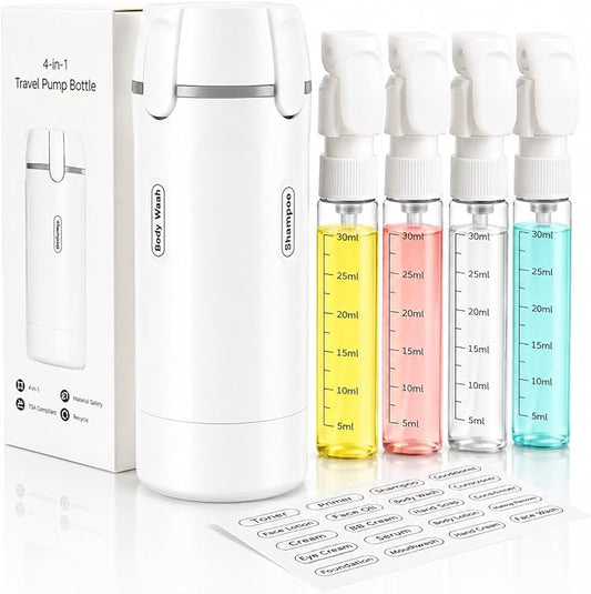 4 in 1 Travel Dispenser Bottle, TSA Approved Leak Proof Refillable Toiletry Containers for Shampoo, Conditioner, Lotion & Skincare – Easy Clean Travel Bottles for Gym, Business