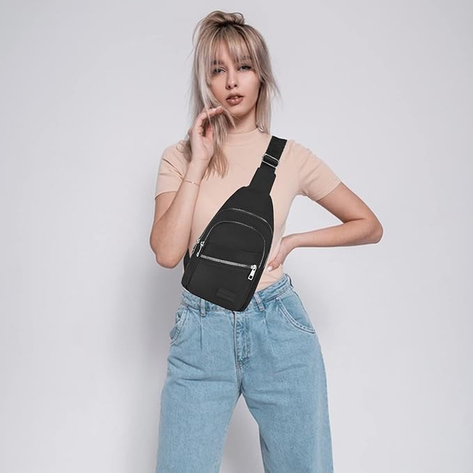 Banelu Small Sling Backpack Crossbody Bags for Women Men, Small Sling Bag Cross Body Bag Fanny Packs Crossbody Purses - Silver Zipper