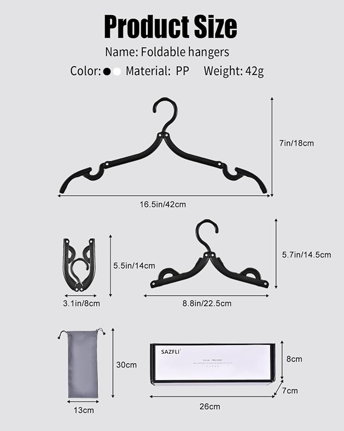 10-Pack Foldable Travel Hangers with Gift Box – Thickened ABS & Aluminum Rivets, Non-Slip Design for Delicate Clothes, Compact 5.5x3 Inch, Black/White