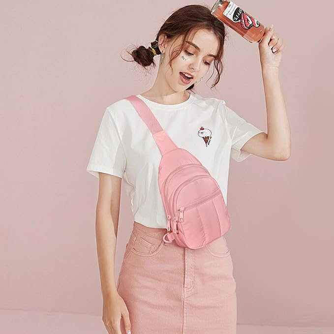 Viverte Quilted Puffer Crossbody Bags for Women Small Puffy Sling Bag Lightweight Cross Body Bubble Purse Shoulder Bag for Travel (Light Pink)