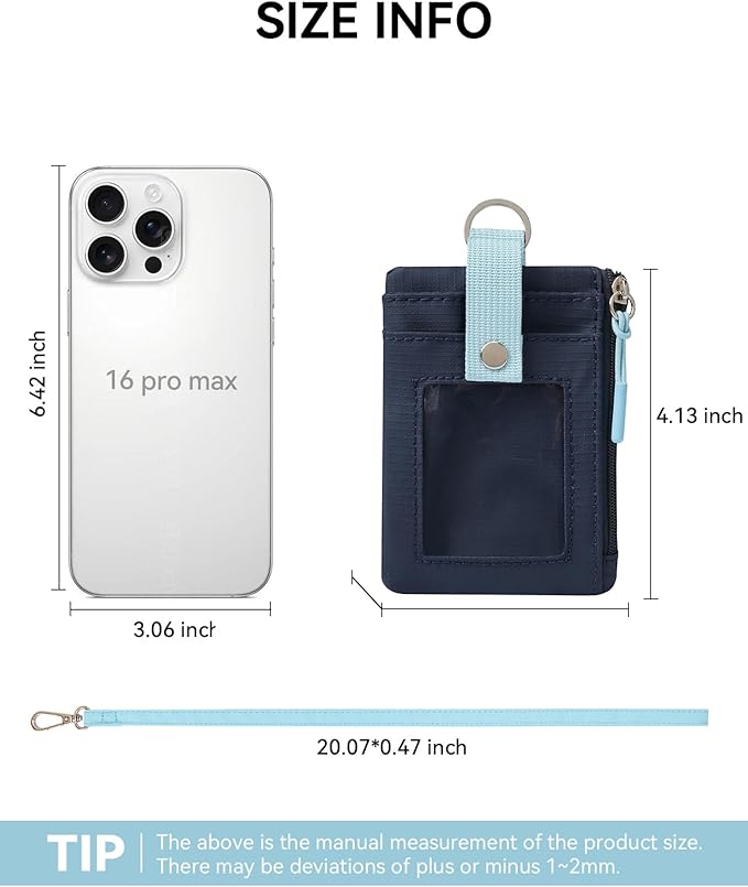 BOSTANTEN Small Wallet RFID, Minimalist Zip ID Case Wallet with Lanyard Keychain, Water Resistant Card Wallets for women & Men, Navy Blue and Sky Blue