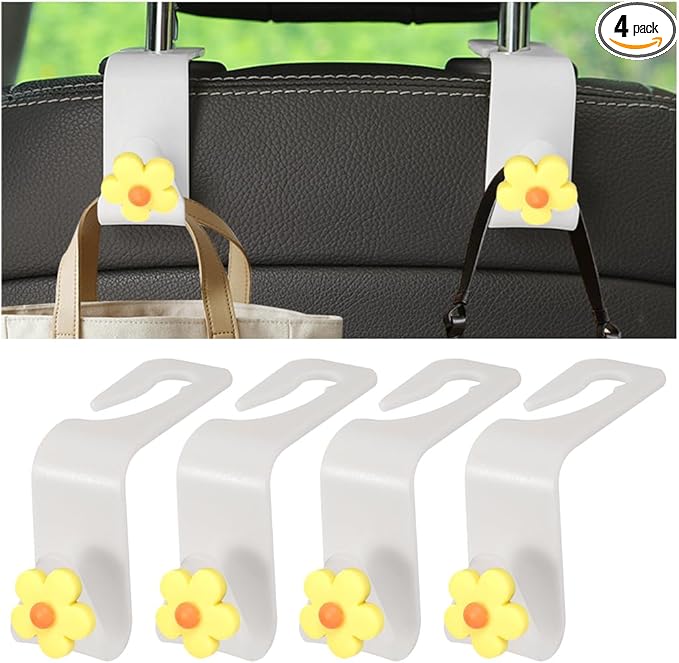 4 PCS Car Headrest Hook, Multifunctional Flower Vehicle Seat Back Storage Hook, Cute Automotive Seatback Organizer Hanger for Purse Grocery Bag Handbag, Universal Fit (Beige/Yellow)